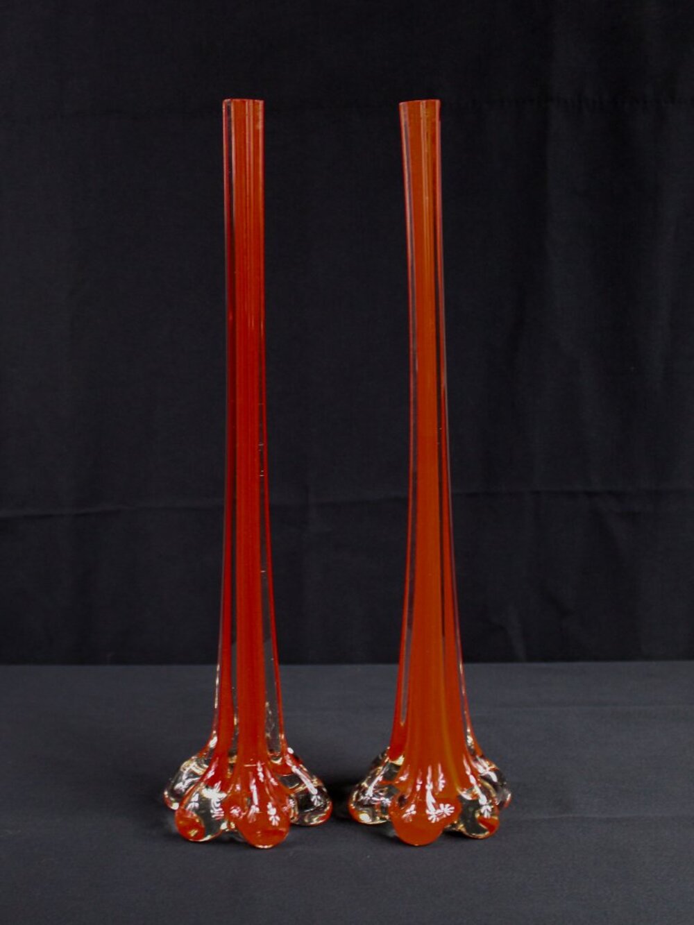 Vintage Pair of MCM Red Orange Stretched 12 in Art Glass Vase With Elephant Foot
